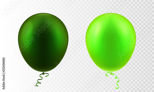 Stock vector illustration realistic 3D Inflatable air flying set balloon colorful frosted light and dark lime green Isolated transparent checkered background. Postcard design element EPS10