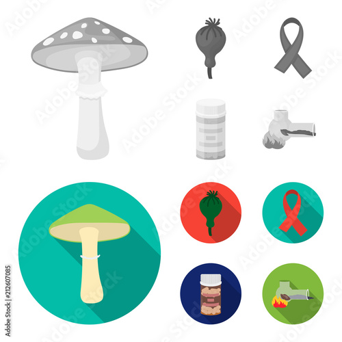 AIDS tape, tablets, opium poppy, a tube for hashish.Drug set collection icons in monochrome,flat style vector symbol stock illustration web.