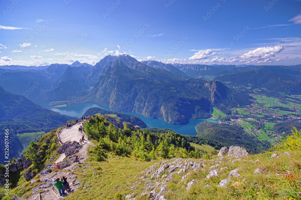 Konigssee lake in Germany Alps. aerial view from Jenner peak panorama