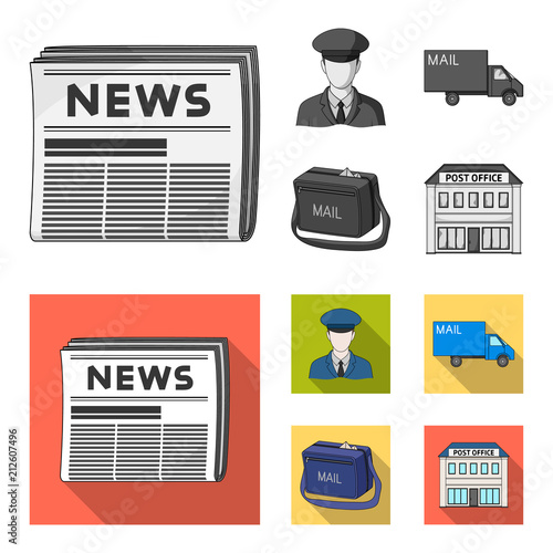 The postman in uniform, mail machine, bag for correspondence, postal office.Mail and postman set collection icons in monochrome,flat style vector symbol stock illustration web.