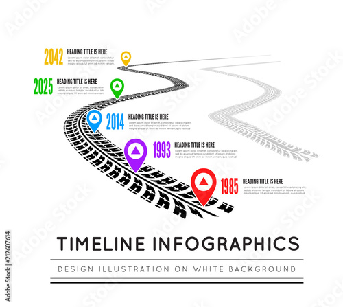 Road way design infographics. Tire tracks timeline
