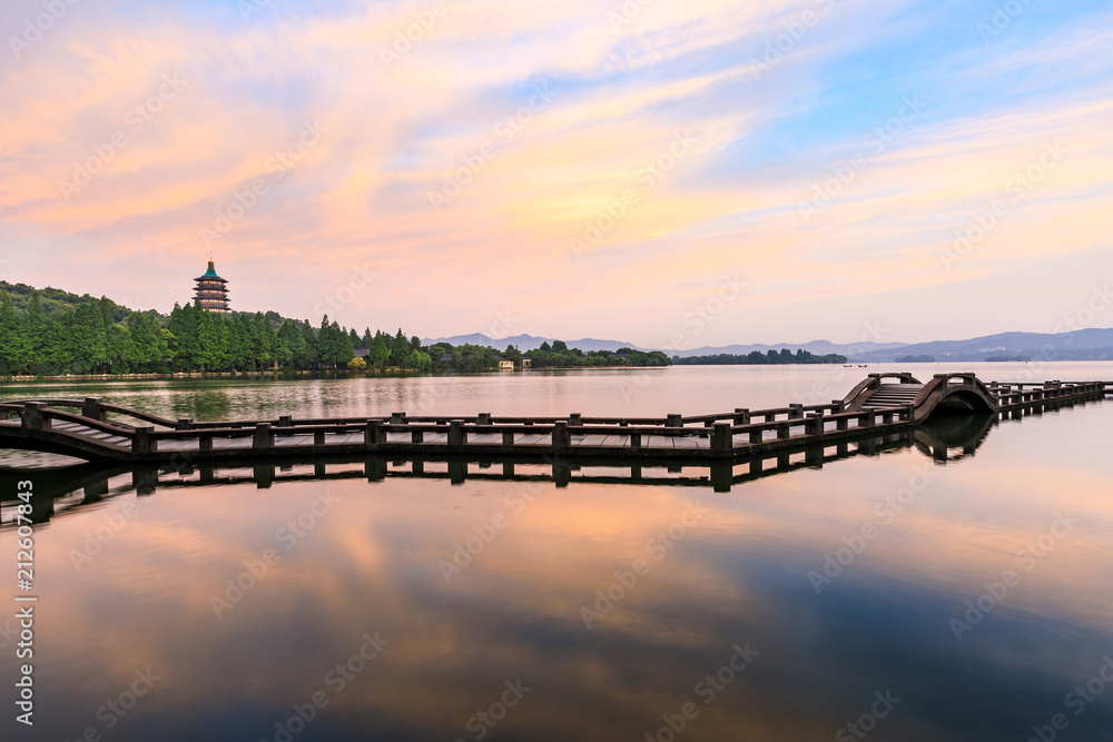 Beautiful Hangzhou West Lake landscape at sunset