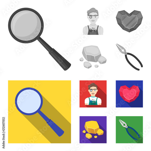 Jeweler, pliers, gold ore, garnet in the form of heart. Precious minerals and jeweler set collection icons in monochrome,flat style vector symbol stock illustration web.