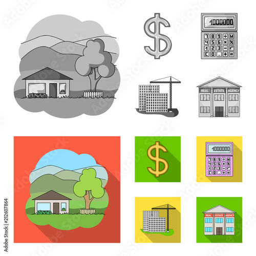 Calculator, dollar sign, new building, real estate offices. Realtor set collection icons in monochrome,flat style vector symbol stock illustration web.