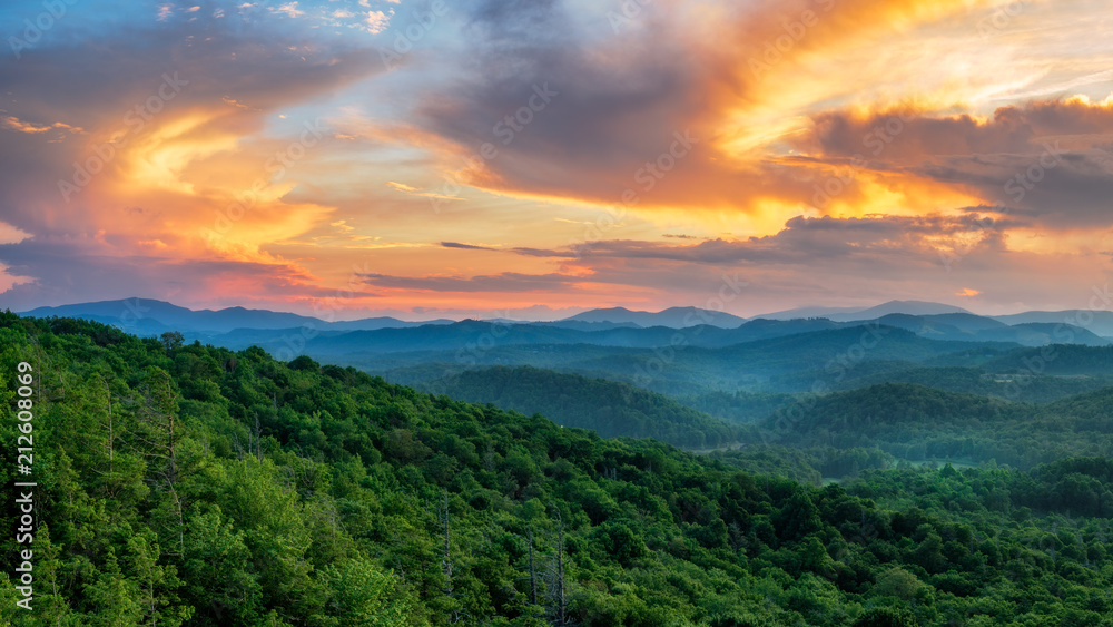 Summer sunset off the Blue Ridge Parkway at the Flat Rock overlook