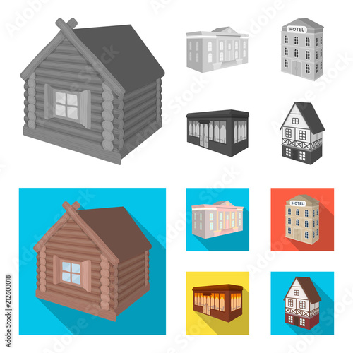 The museum building, a three-story hotel, a stable at the racecourse, a residential cottage. Architectural and building set collection icons in monochrome,flat style vector symbol stock illustration
