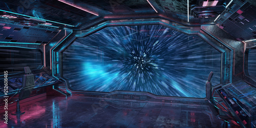 Fototapeta Naklejka Na Ścianę i Meble -  Grunge Spaceship interior with view on planet Earth 3D rendering