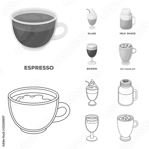 Esprecco, glase, milk shake, bicerin.Different types of coffee set collection icons in outline,monochrome style vector symbol stock illustration web. photo