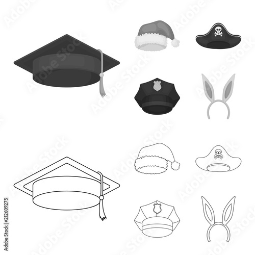 Graduate, santa, police, pirate. Hats set collection icons in outline,monochrome style vector symbol stock illustration web.