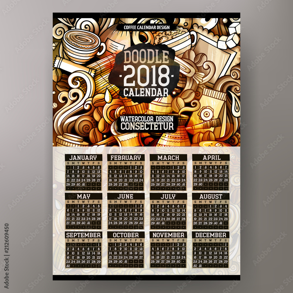 Cartoon colorful hand drawn doodles Coffee 2018 year calendar