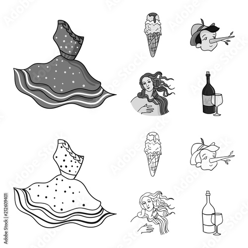 Italian dress, gelato, pinocchio, goddess of love. Italy set collection icons in outline,monochrome style vector symbol stock illustration web.