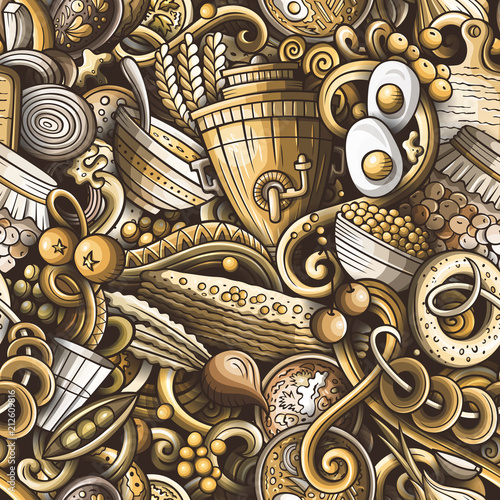 Cartoon cute doodles hand drawn Russian food seamless pattern
