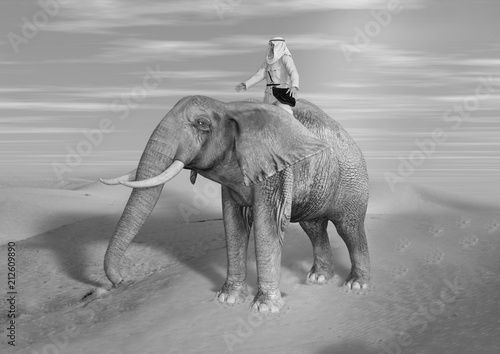 Black and White  Illustration of Desert Adventurer Riding Elephant 