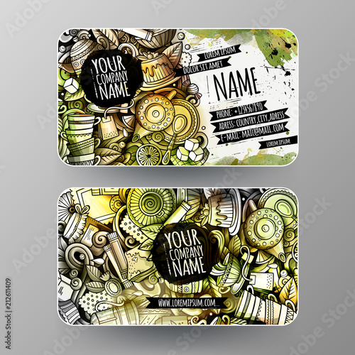 Cartoon graphics watercolor vector doodles Tea time id cards