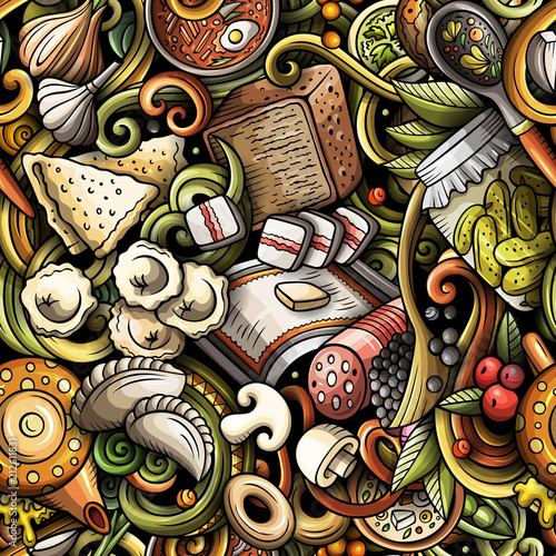 Cartoon cute doodles hand drawn Russian food seamless pattern
