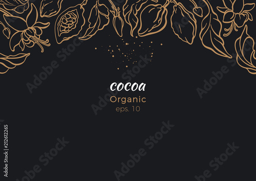Vector banner of cocoa tree, golden foliage, bean.