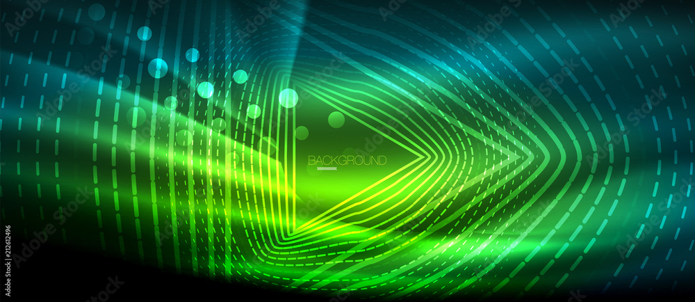 Neon glowing wave, magic energy and light motion background. Wallpaper template, hi-tech future concept Neon glowing wave, magic energy and light motion background. Wallpaper template, hi-tech future concept