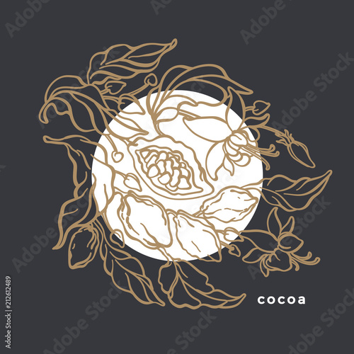 Vintage art line template. Symbol nature card of cocoa tree