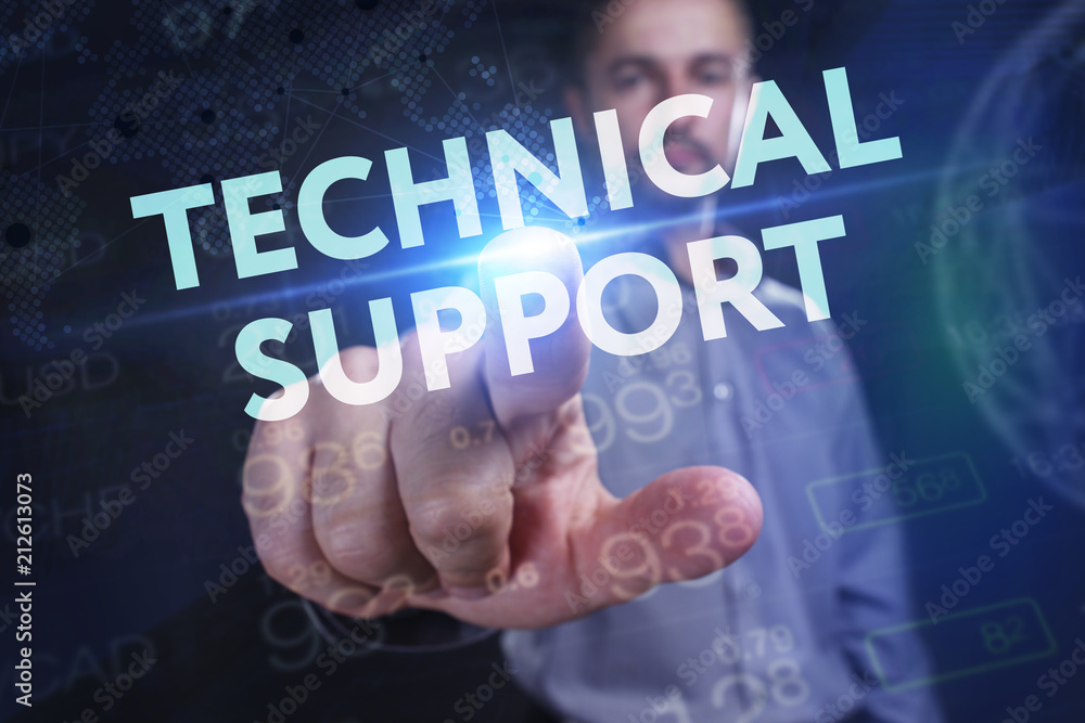 The concept of business, technology, the Internet and the network. A young entrepreneur working on a virtual screen of the future and sees the inscription: Technical support The concept of business, technology, the Internet and the network. A young entrepreneur working on a virtual screen of the future and sees the inscription: Technical support