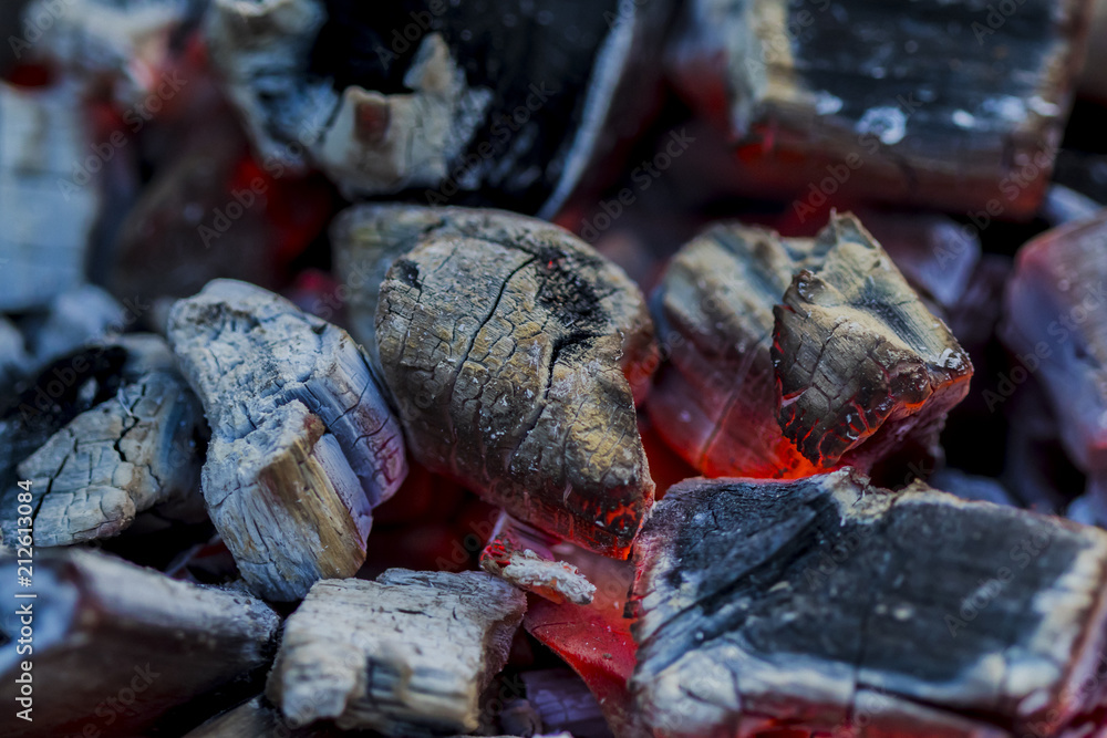burning firewood and coals close-up