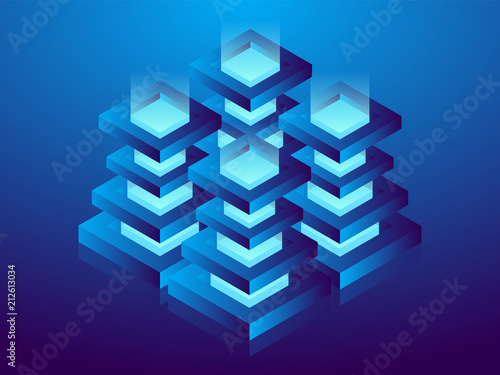 Cryptocurrency and blockchain, abstract isometric 3D illustration. Cryptocurrency mining farm, vector technology background.