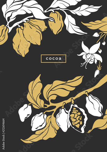 Vector template of cocoa tree, fruit, foliage, bean.