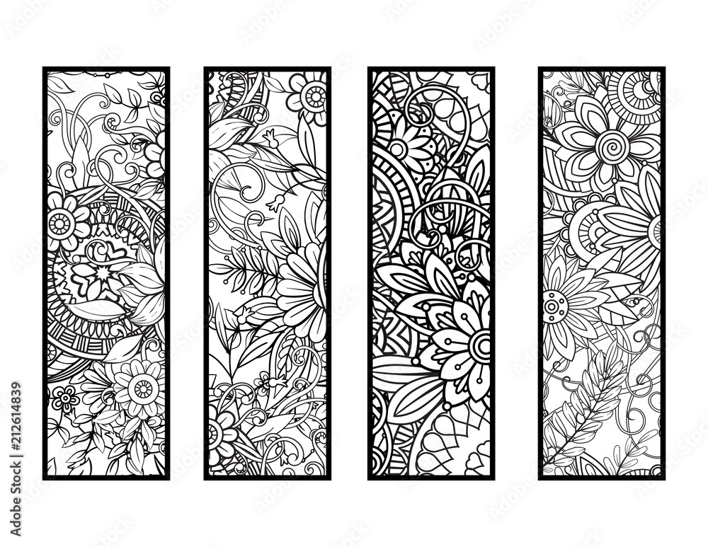 Set of four bookmarks in black and white. Doodles flowers and