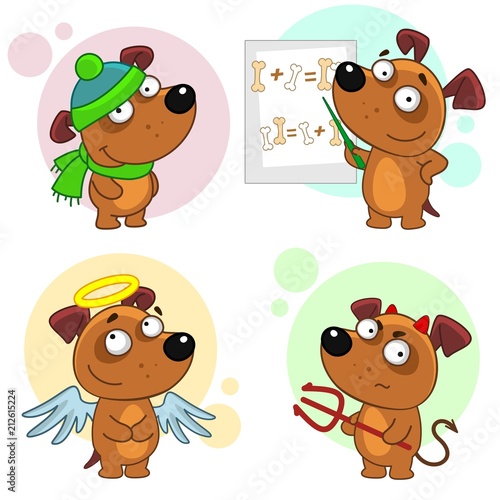 Set of cartoon illustration icons for design and children with dogs, Dog angel, devil, teacher with presentation and in hat with scarf.