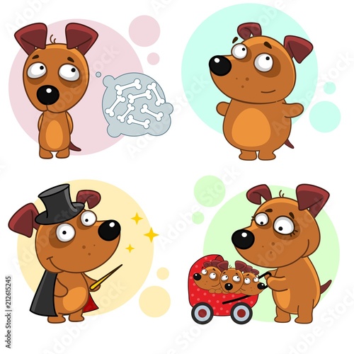 A set of cartoon illustration icons for design and children with dogs, a fat and thin dog, a magician and a mom with a stroller and puppies.