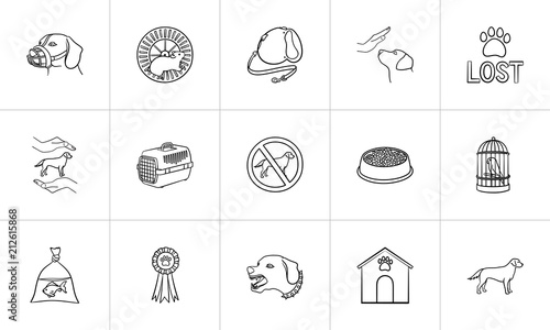 Pets hand drawn outline doodle icon set. Outline doodle icon set for print, web, mobile and infographics. dogs care, walking, training vector sketch illustration set isolated on white background.