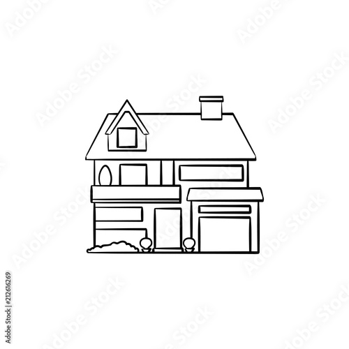 Suburban cottage hand drawn outline doodle icon. Private property, modern architecture, credit loan, mortgage vector sketch illustration for print, web, mobile and infographics on white background.