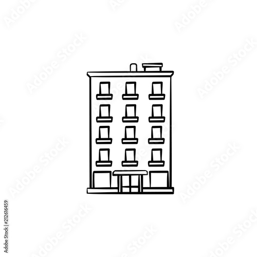 Apartment building hand drawn outline doodle icon. Real estate listing, finance and investment concept vector sketch illustration for print, web, mobile and infographics on white background.