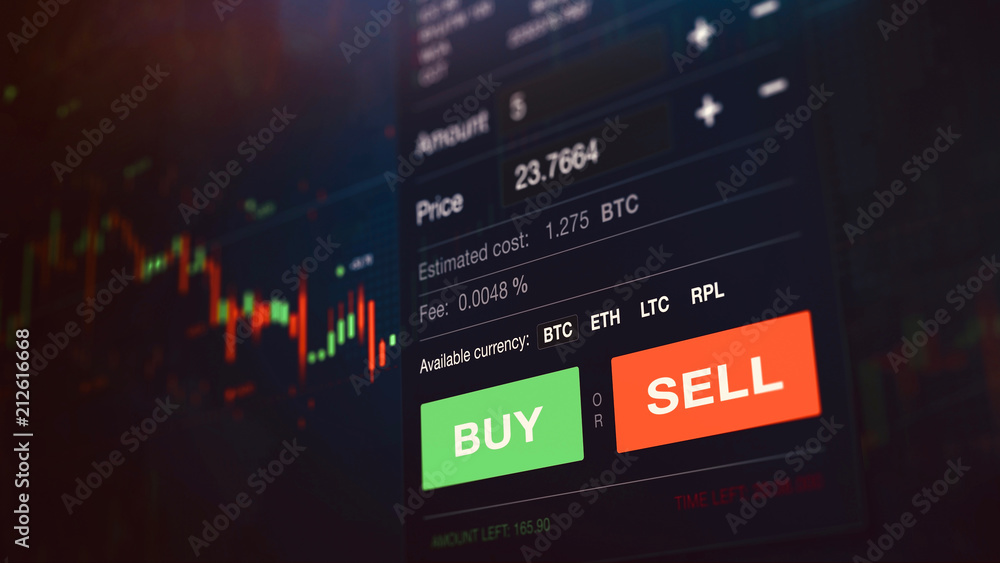 Futuristic stock exchange scene with chart, numbers and BUY and SELL options (3D illustration)