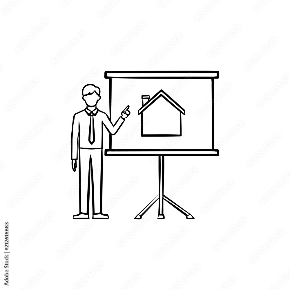 Real estate listing presentation hand drawn outline doodle icon. Real estate agent shows house on the screen as realty presentation concept. Vector sketch illustration on white background. Real estate listing presentation hand drawn outline doodle icon. Real estate agent shows house on the screen as realty presentation concept. Vector sketch illustration on white background.