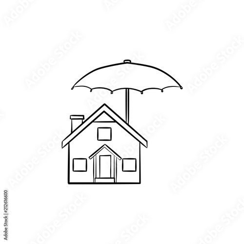 House insurance hand drawn outline doodle icon. Private cottage under umbrella as property insurance, security, safe concept. Vector sketch illustration for print, web, mobile on white background