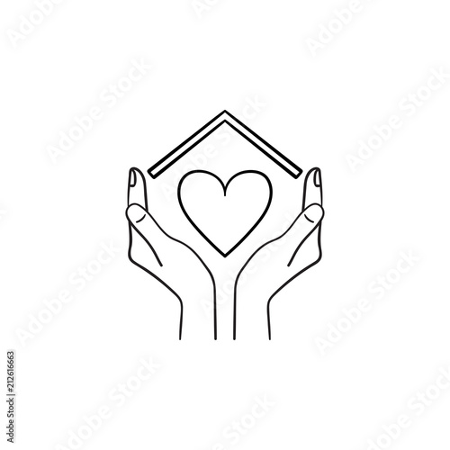 Sweet home hand drawn outline doodle icon. Hands holding heart under the house roof as home love and family care concept. Vector sketch illustration for print, web, mobile and infographics