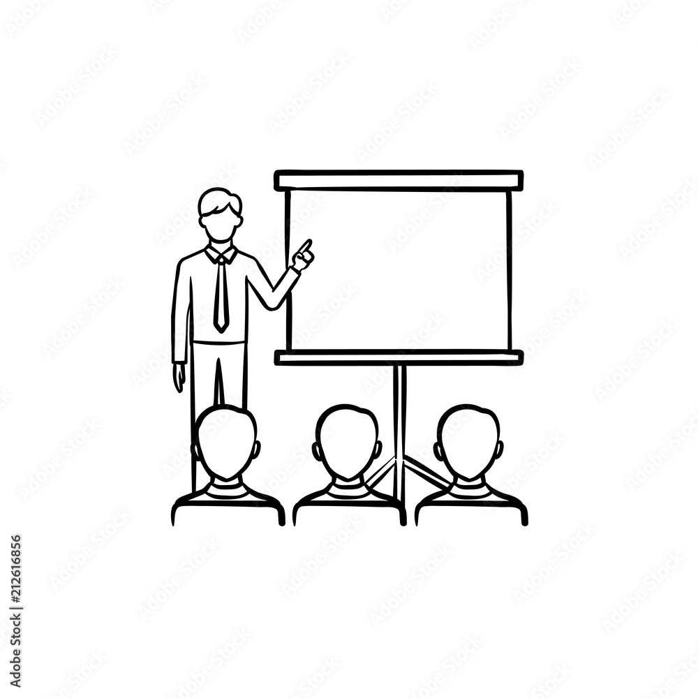 Real estate education hand drawn outline doodle icon. Real estate broker shows on projection screen as real estate conference concept. Vector sketch illustration on white background. Real estate education hand drawn outline doodle icon. Real estate broker shows on projection screen as real estate conference concept. Vector sketch illustration on white background.