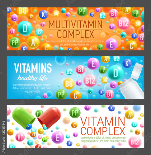 Vector banners of vitamins and multivitamins