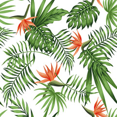 Fototapete Tropische Paradiesblumen-Muster Orange Strelitzia Blüten auf Weiß  © berry2046