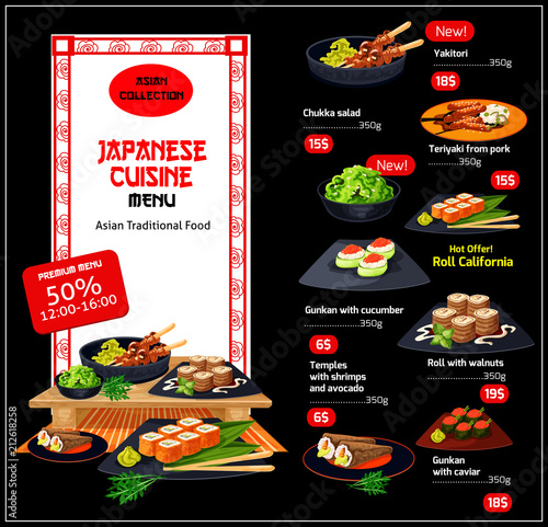 Vector menu for Japanese cuisine dishes