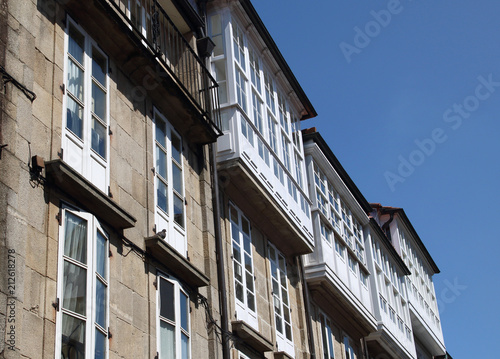 typical facade with balconies in Santiago de Compostela