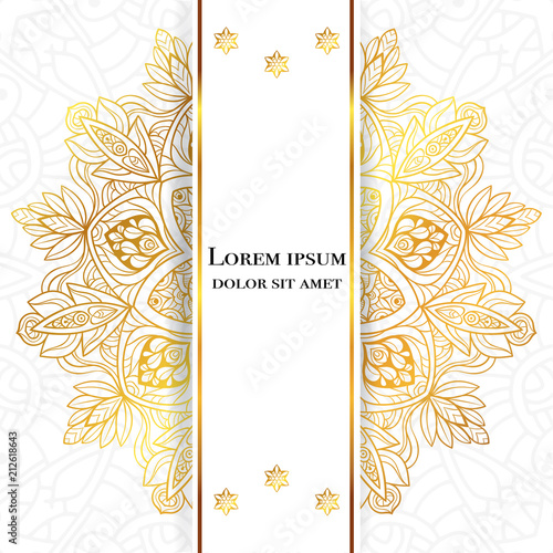 Golden greeting card on a white background. Luxury ornament template. Great for invitation, flyer, menu, brochure, postcard, background, wallpaper, decoration.