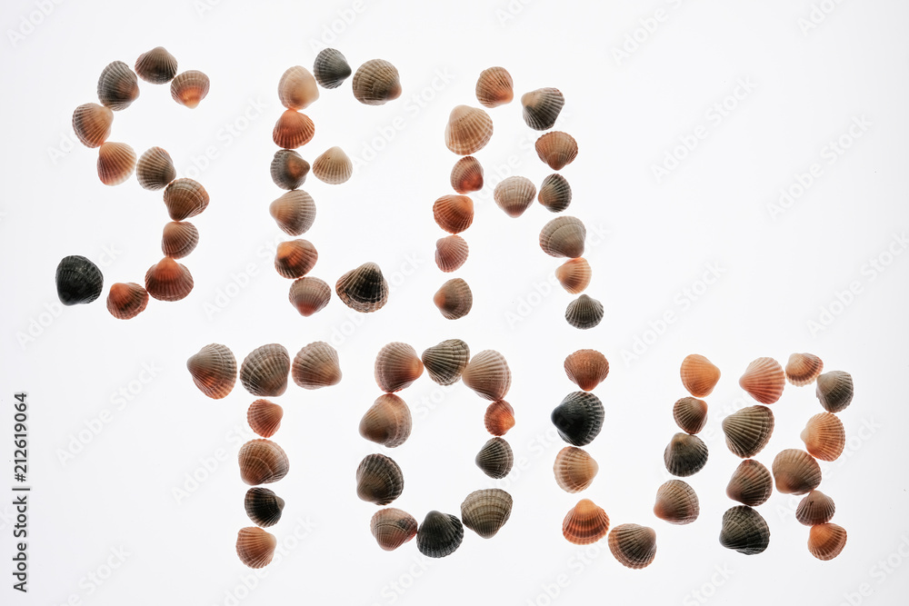 The word Sea tour composed of seashells on a white background. The concept of rest or holiday. Isolated. The word Sea tour composed of seashells on a white background. The concept of rest or holiday. Isolated.