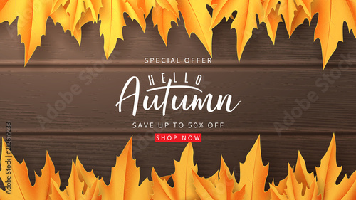 Autumn sale web banner. Vector illustration with calligraphy lettering. Maple leaves on the dark wooden texture.