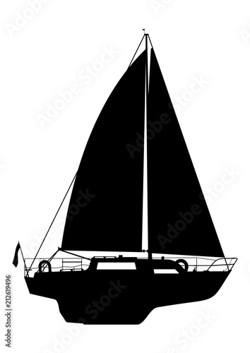 Side view of a sailing boat. Black silhouette of a yacht on a white background. Water sport. Cartoon flat vector.