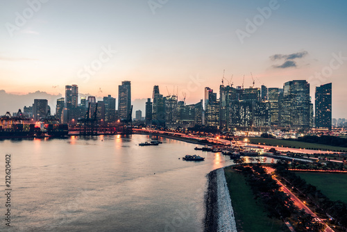 Photography singapore skyline in evening time, view from open deck of a cruise ship