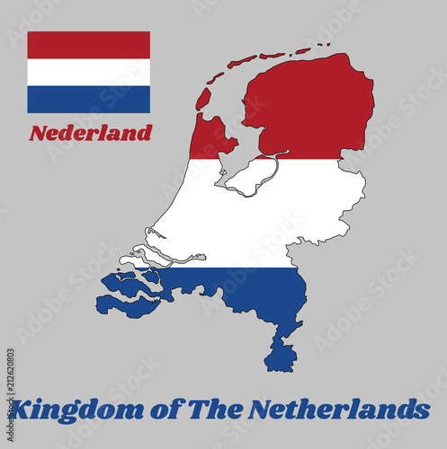 Map outline and flag of Nederland, it is a horizontal tricolor of red, white, and blue. with name text Kingdom of Netherlands.