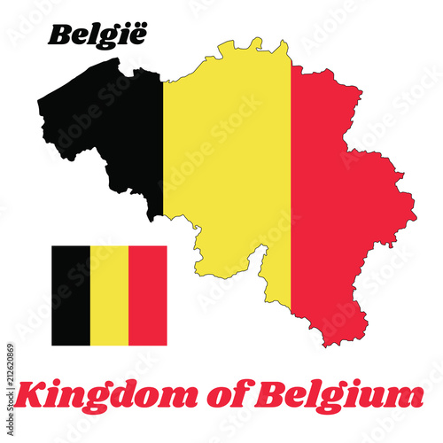 Map outline and flag of Belgium, it is a vertical tricolor of black, yellow, and red. with name text kingdom of Belgium.