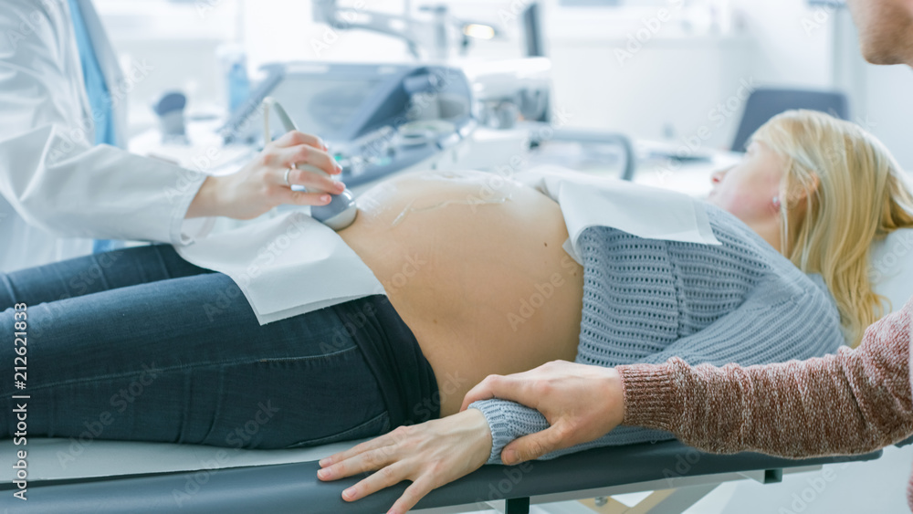 Obraz premium In the Hospital, Close-up Shot of the Doctor Performs Ultrasound / Sonogram Procedure, Pregnant Female Lying on the Bed. Obstetrician Moving Transducer on the Belly of the Future Mother.