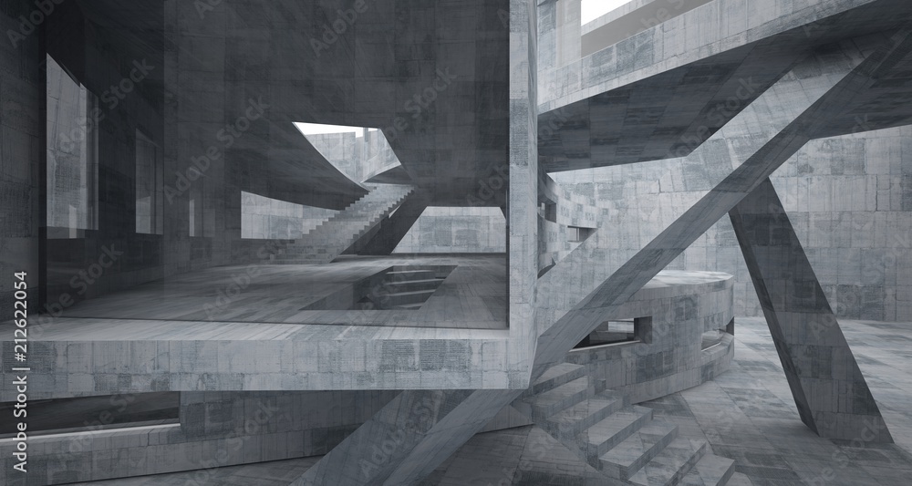 Fototapeta premium Abstract white and concrete parametric interior with window. 3D illustration and rendering.